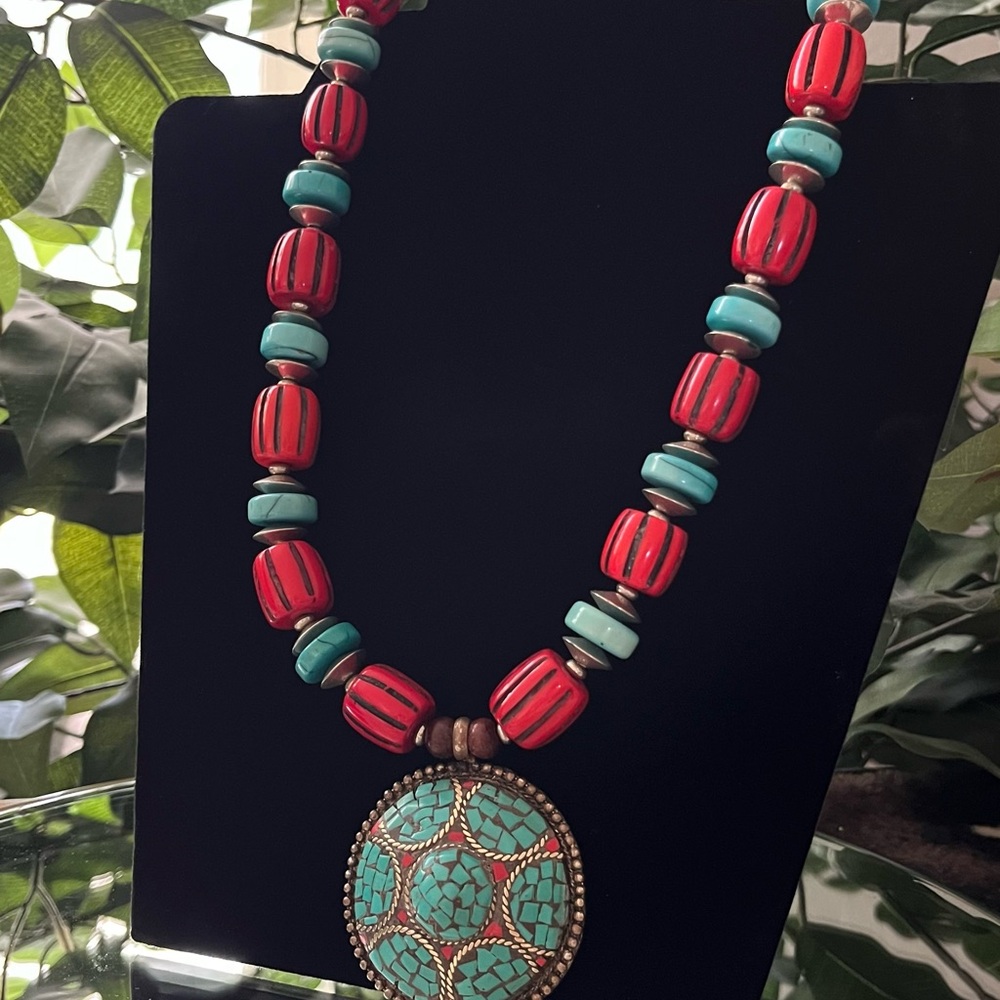 Handcrafted Red and Turquoise Beaded Necklace
